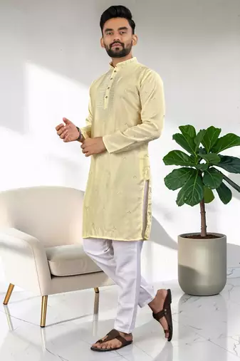 Yellow silk embroidered straight men kurta