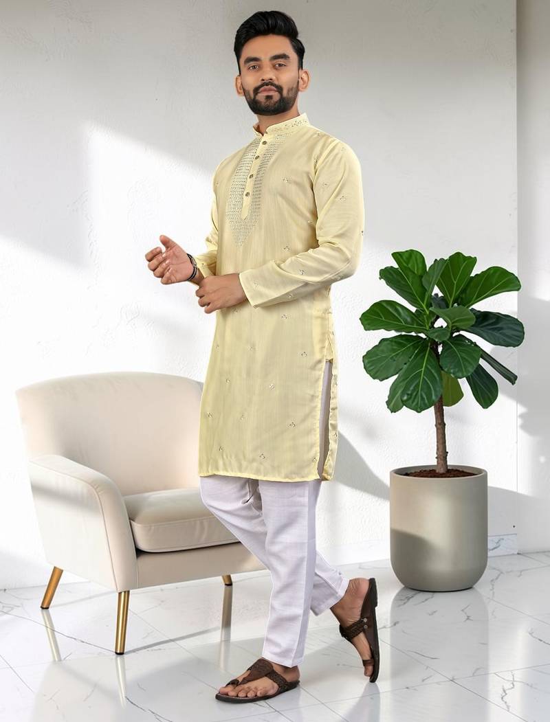 Yellow silk embroidered straight men kurta