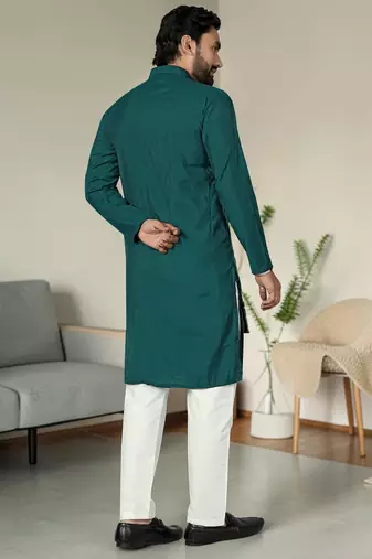 Blue silk embroidered indo-western men kurta