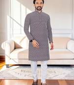 Purple chikankari embroidered art silk straight men kurta