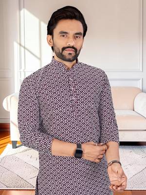 Purple chikankari embroidered art silk straight men kurta 2