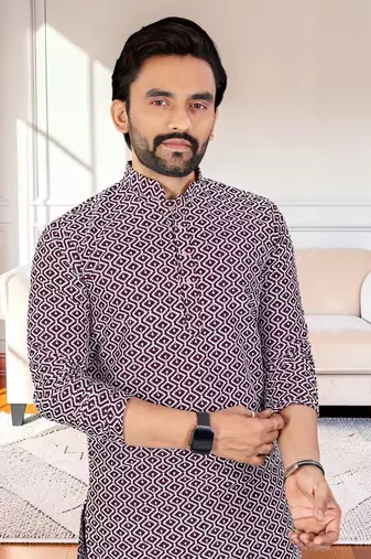 Purple chikankari embroidered art silk straight men kurta