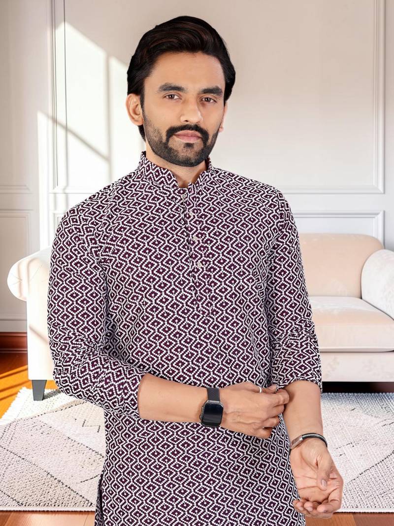 Purple chikankari embroidered art silk straight men kurta
