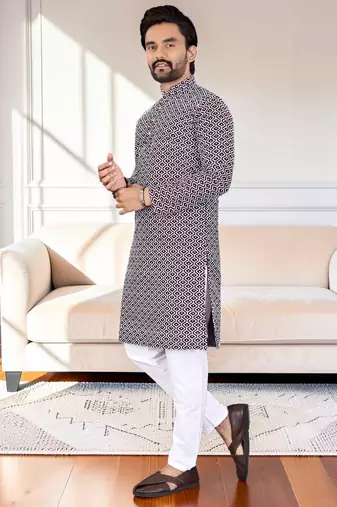 Purple chikankari embroidered art silk straight men kurta