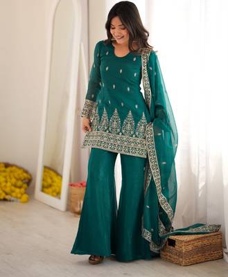 Teal green crunchy silk blend embroidered bell bottom suit 1