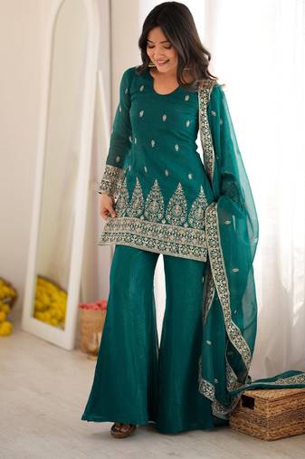 Teal green crunchy silk blend embroidered bell bottom suit