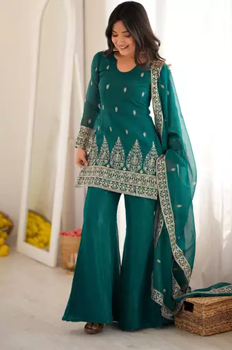 Teal green crunchy silk blend embroidered bell bottom suit