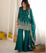 Teal green crunchy silk blend embroidered bell bottom suit