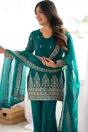 Teal green crunchy silk blend embroidered bell bottom suit