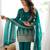 Teal green crunchy silk blend embroidered bell bottom suit