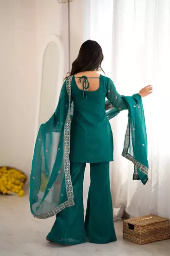 Teal green crunchy silk blend embroidered bell bottom suit