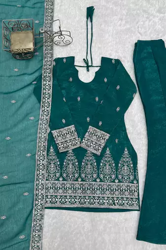 Teal green crunchy silk blend embroidered bell bottom suit