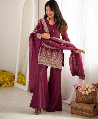 Burgundy crunchy silk blend embroidered bell bottom suit 1