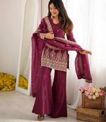 Burgundy crunchy silk blend embroidered bell bottom suit