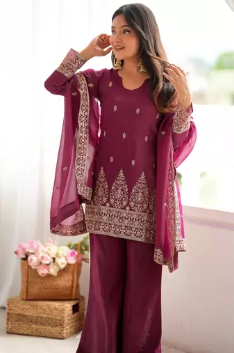 Burgundy crunchy silk blend embroidered bell bottom suit