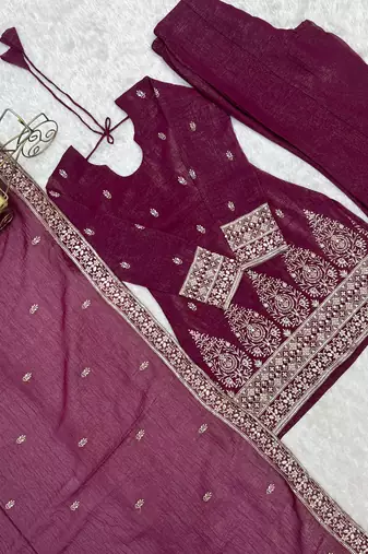 Burgundy crunchy silk blend embroidered bell bottom suit
