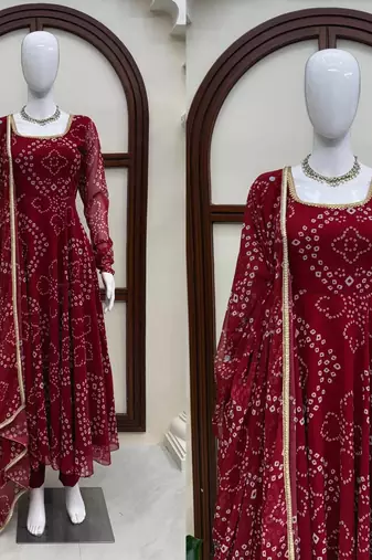 Maroon digital printed anarkali suit set with mirror work dupatta