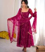 Rani pink digital printed anarkali suit set with mirror work dupatta