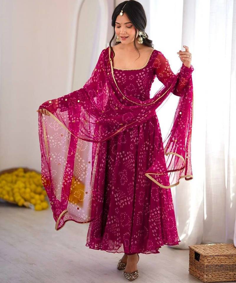 Rani pink digital printed anarkali suit set with mirror work dupatta
