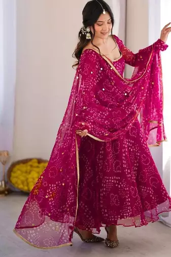 Rani pink digital printed anarkali suit set with mirror work dupatta
