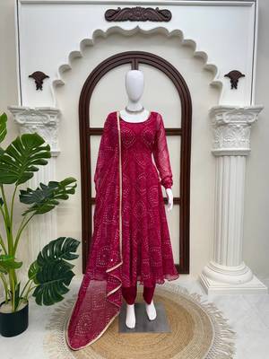 Rani pink digital printed anarkali suit set with mirror work dupatta 3