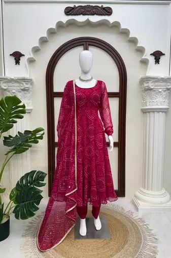 Rani pink digital printed anarkali suit set with mirror work dupatta
