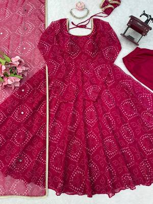 Rani pink digital printed anarkali suit set with mirror work dupatta 4