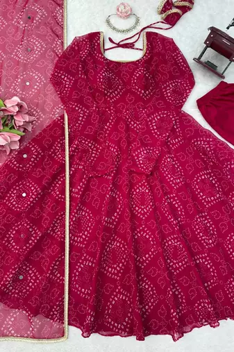 Rani pink digital printed anarkali suit set with mirror work dupatta