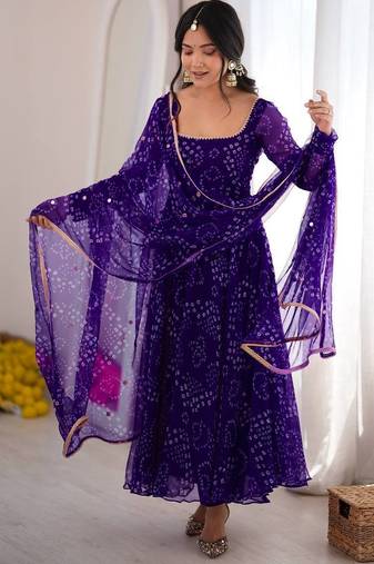 Purple digital printed anarkali suit set with mirror work dupatta