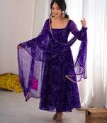 Purple digital printed anarkali suit set with mirror work dupatta