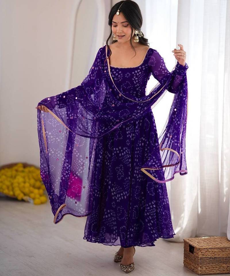 Purple digital printed anarkali suit set with mirror work dupatta