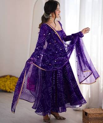 Purple digital printed anarkali suit set with mirror work dupatta 2