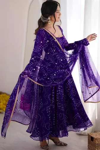 Purple digital printed anarkali suit set with mirror work dupatta