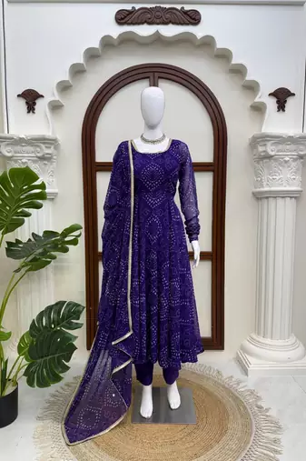 Purple digital printed anarkali suit set with mirror work dupatta