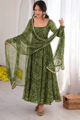 Olive green digital printed anarkali suit set with mirror work dupatta