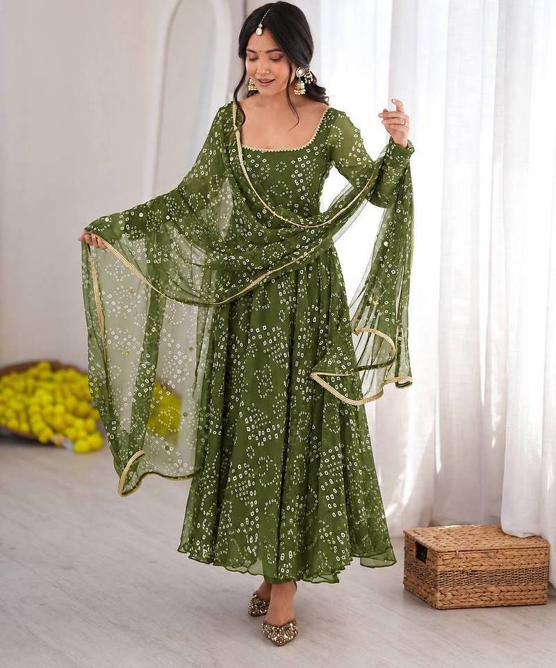 Olive green digital printed anarkali suit set with mirror work dupatta