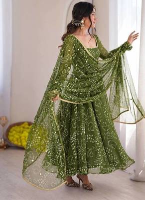 Olive green digital printed anarkali suit set with mirror work dupatta 2