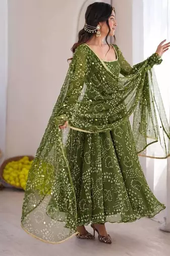 Olive green digital printed anarkali suit set with mirror work dupatta