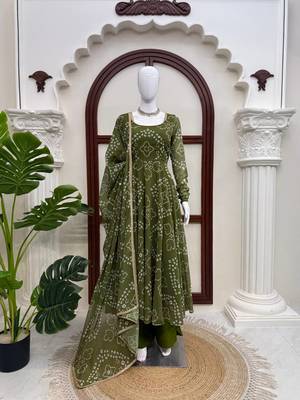 Olive green digital printed anarkali suit set with mirror work dupatta 3