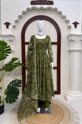 Olive green digital printed anarkali suit set with mirror work dupatta