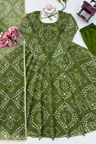 Olive green digital printed anarkali suit set with mirror work dupatta
