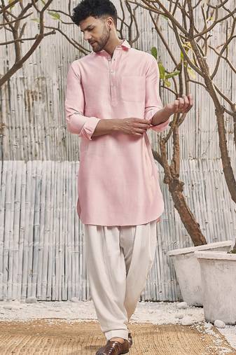 Buy designer light pink silk kurta pajama set