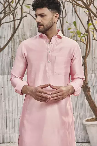 Buy designer light pink silk kurta pajama set