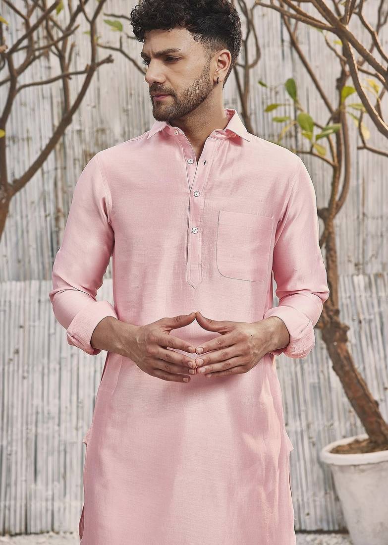 Buy designer light pink silk kurta pajama set