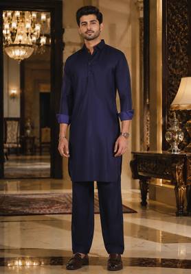 Buy blue cotton silk pathani kurta pajama set 1