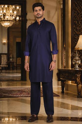 Buy blue cotton silk pathani kurta pajama set
