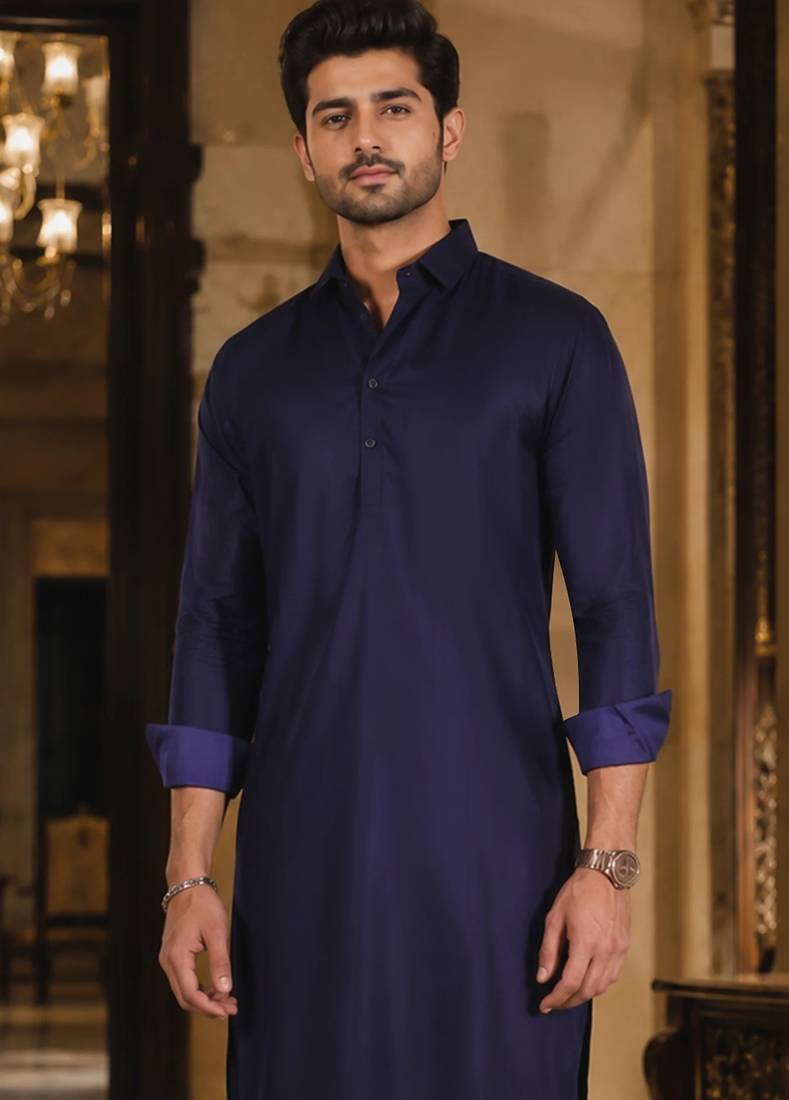 Buy blue cotton silk pathani kurta pajama set
