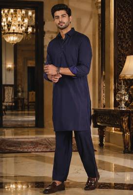 Buy blue cotton silk pathani kurta pajama set 3