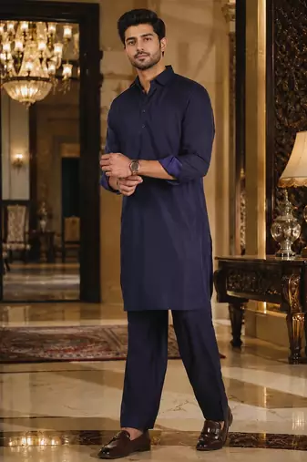 Buy blue cotton silk pathani kurta pajama set