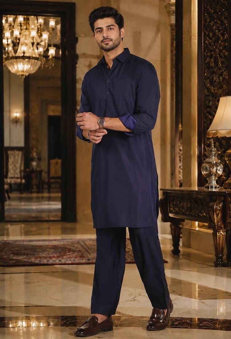 Buy blue cotton silk pathani kurta pajama set